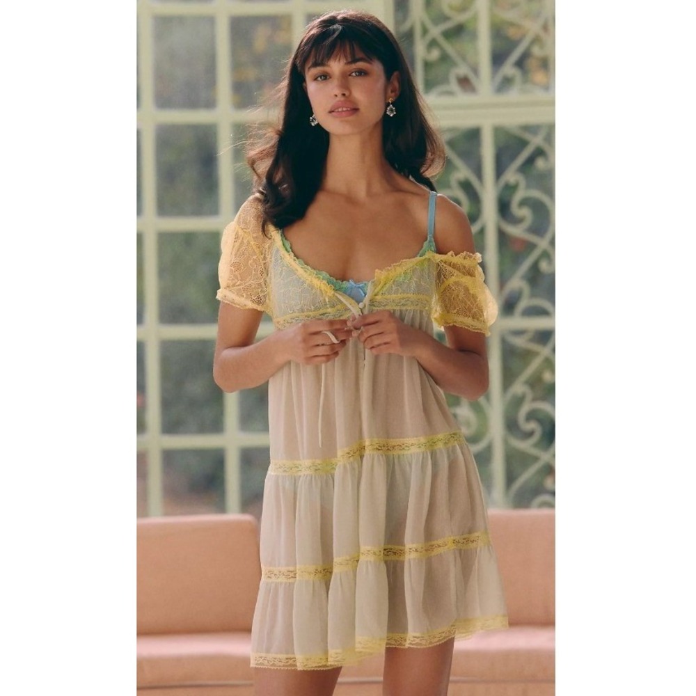Anthropologie Lyrebird Sheer Lace Babydoll Romper Nightie Green Yellow Large NWT